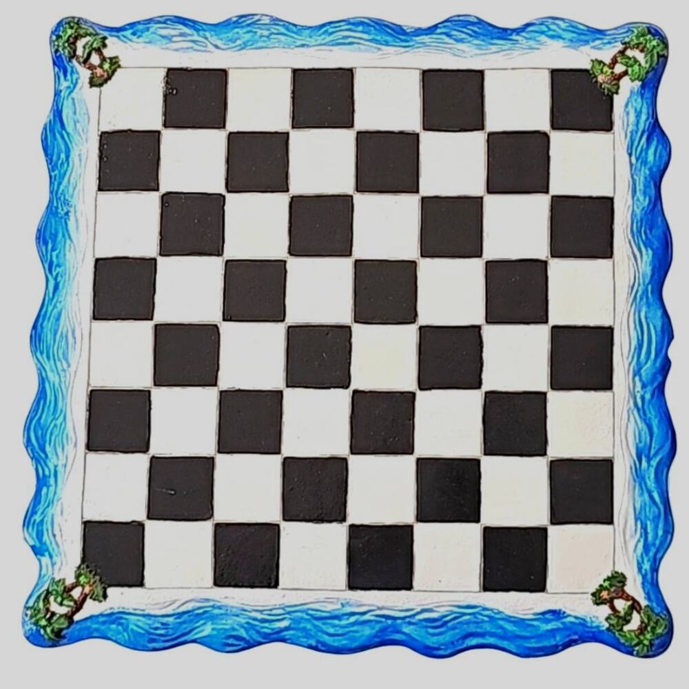 Vintage Ceramic Checker Board with Palm Trees New Checkers in Bag 13" x 13"